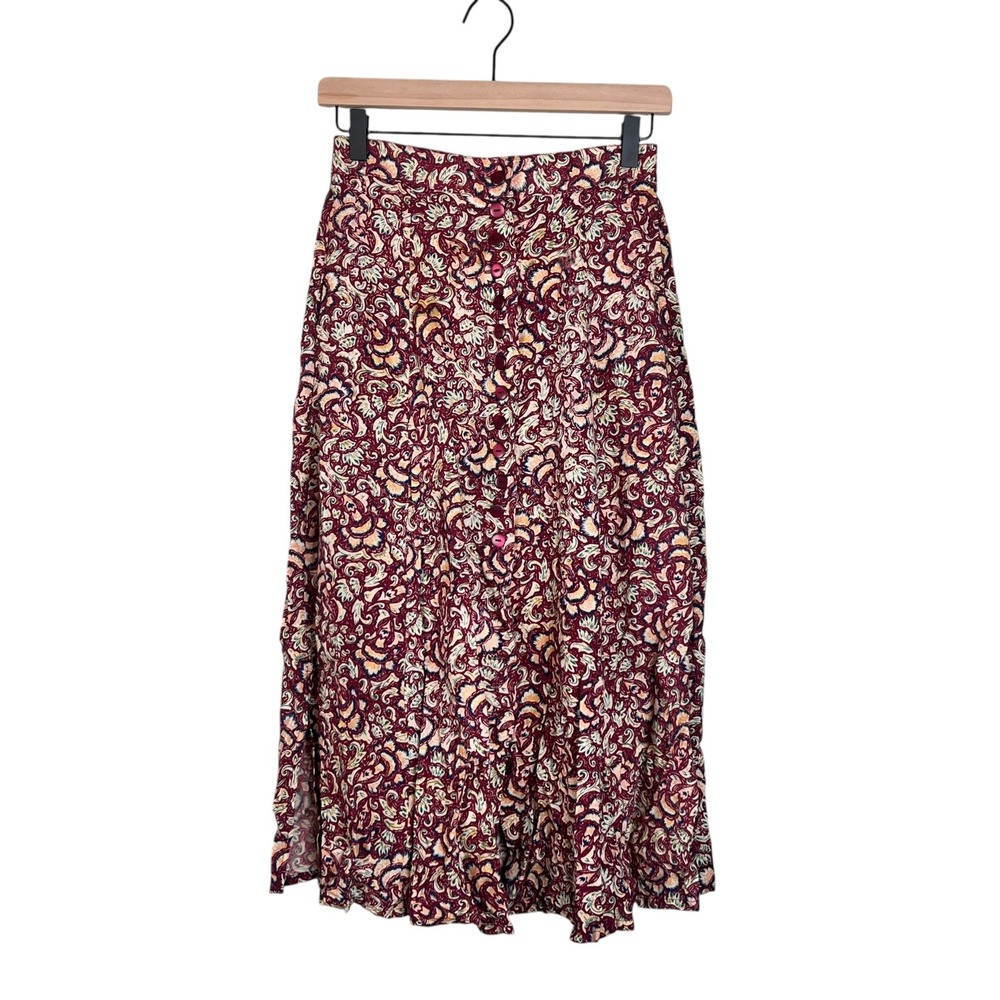 Y2K Louise Paris Vintage Burgundy Paisley Floral Button Front Midi Skirt M